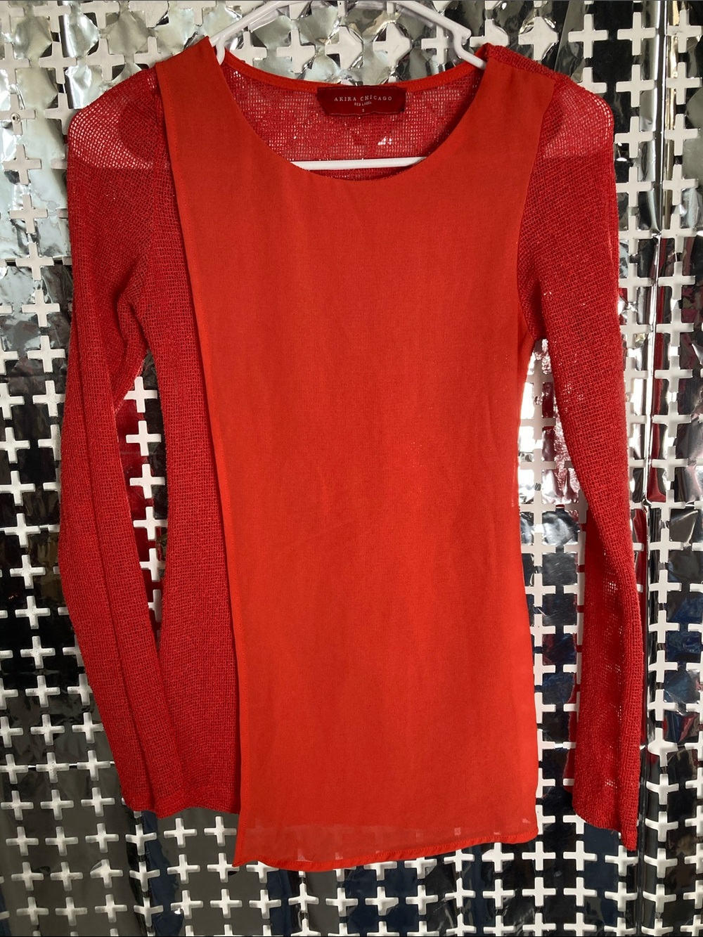 Axara Chicago Red Scoop-Neck Knit Top with Textured Sleeves